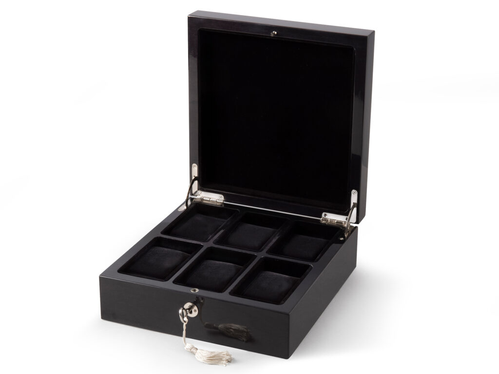 Watch Box Square 6 Pads Maple Stained Black Open