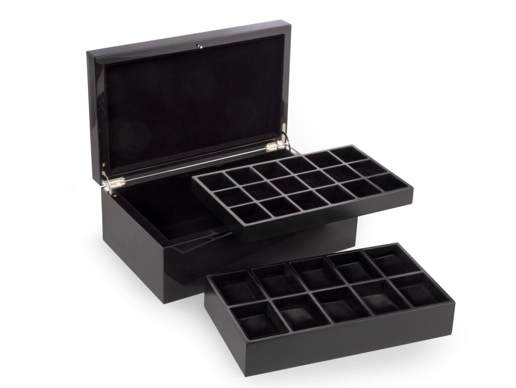 Valet Box 10 Watch & 18 Compartment Maple Stained Black Closed